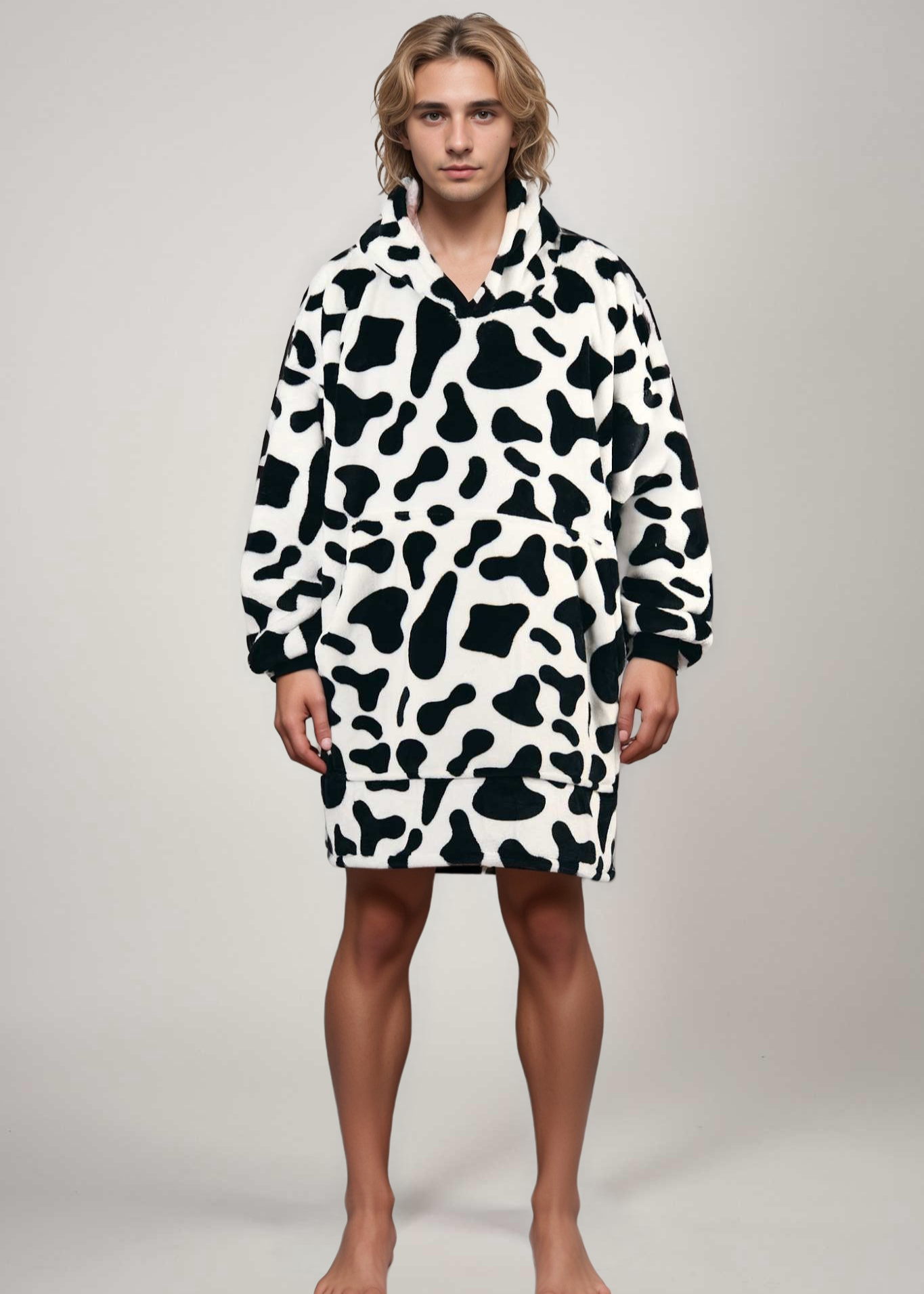 oversized wearable blanket in cow print design with plush Sherpa fleece interior