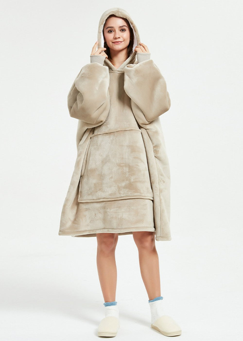 Khaki SNUGLFIT™ hoodie blanket providing cozy warmth and style.