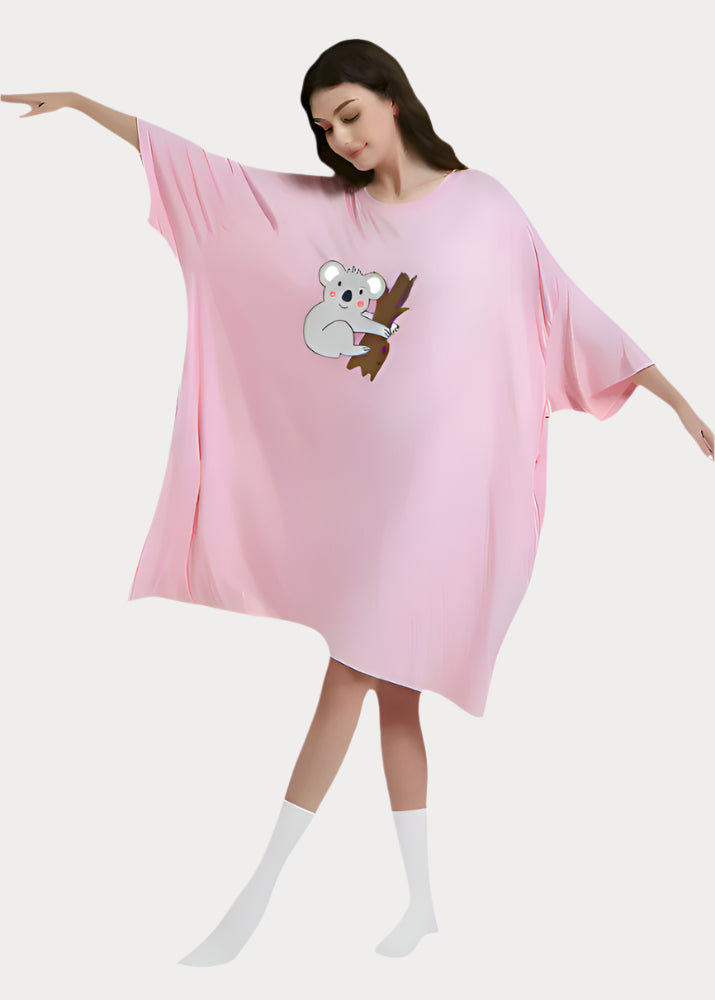 Snuglfit™ Oversized Koala Sleep Tee in pink, featuring koala graphic, moisture-wicking bamboo fabric, one size fits most.