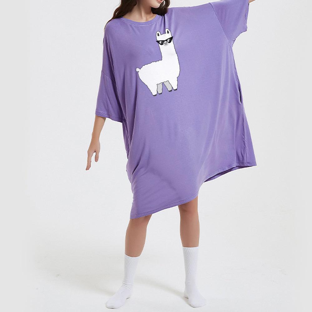 Oversized lavender purple llama sleep tee with heat-regulating bamboo fabric.
