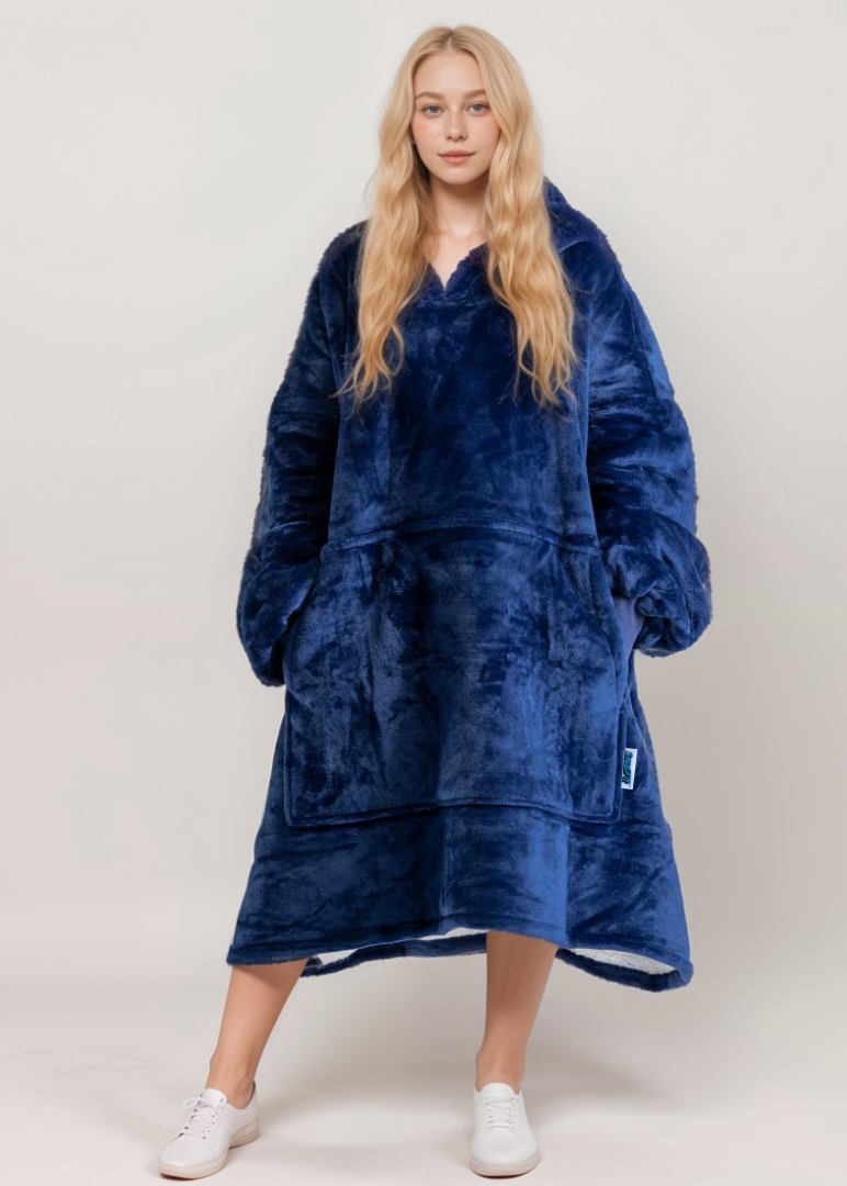 Navy blue SNUGLFIT™ Hoodie Blanket in plush Sherpa and SnuglTek™ flannel fleece, featuring a roomy hood and large pocket for added style and functionality.