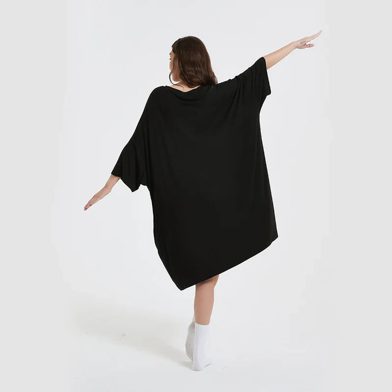 Oversized midnight black Snuglfit™ sleep tee featuring heat-regulating bamboo fabric, one size fits most