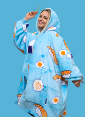 SNUGLFIT™ Hoodie Blanket Shushi print, oversized wearable blanket for adults, blue with sushi pattern, comfortable and stylish.