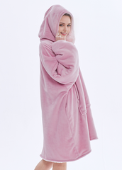 SNUGLFIT™ Hoodie Blanket in Musk Pink, oversized wearable blanket, cozy Sherpa and flannel fleece, wearable comfort.