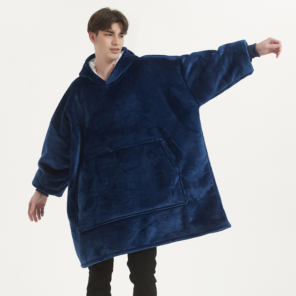SNUGLFIT™ Hoodie Blanket in navy blue, oversized wearable blanket with plush Sherpa fleece interior and flannel fleece exterior.