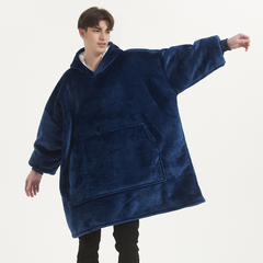 SNUGLFIT™ Hoodie Blanket in navy blue, oversized wearable blanket with plush Sherpa fleece interior and flannel fleece exterior.