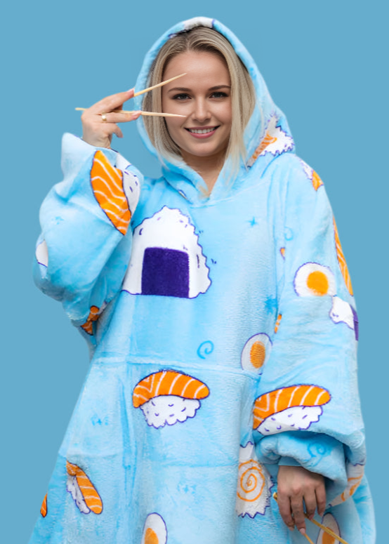 SNUGLFIT™ Hoodie Blanket in sushi print featuring plush Sherpa fleece for warmth and comfort.