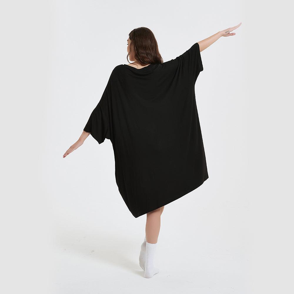 Snuglfit™ Oversized Puppy Sleep Tee in black, one size fits most, featuring a cozy and stretchy fit, made from eco-friendly bamboo fabric with heat-regulating properties.