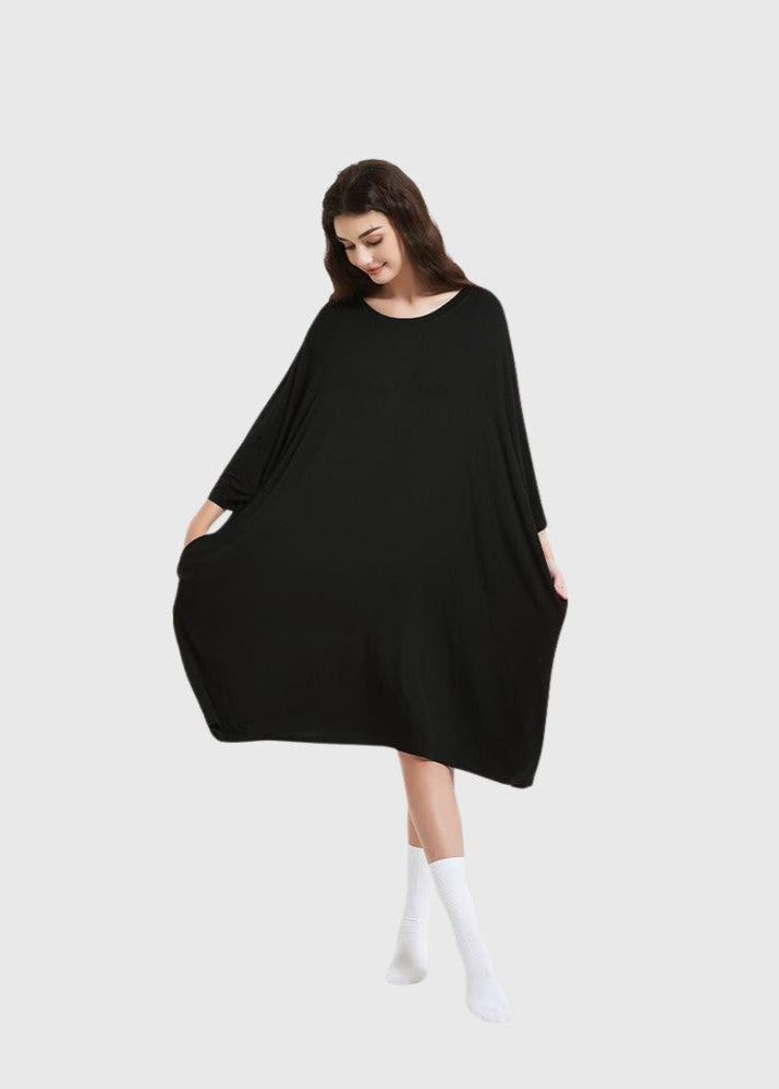 Snuglfit™ Super Soft oversized black sleep tee with side pockets, bamboo blend, one size fits most.