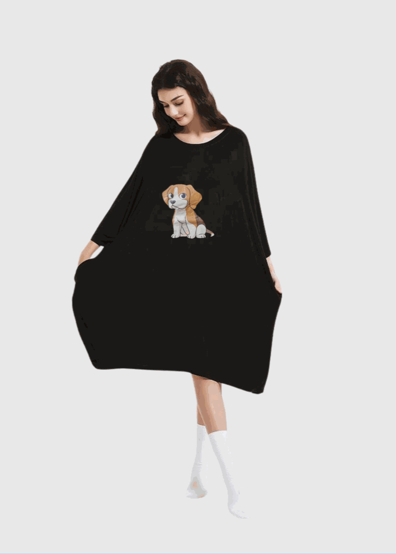 Snuglfit™ oversized puppy sleep tee in black, featuring heat regulating bamboo fabric and cute puppy design.