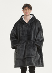 SNUGLFIT™ Hoodie Blanket in Smokey Grey; oversized wearable blanket; plush Sherpa fleece interior; roomy hood and large pocket; sustainable materials.
