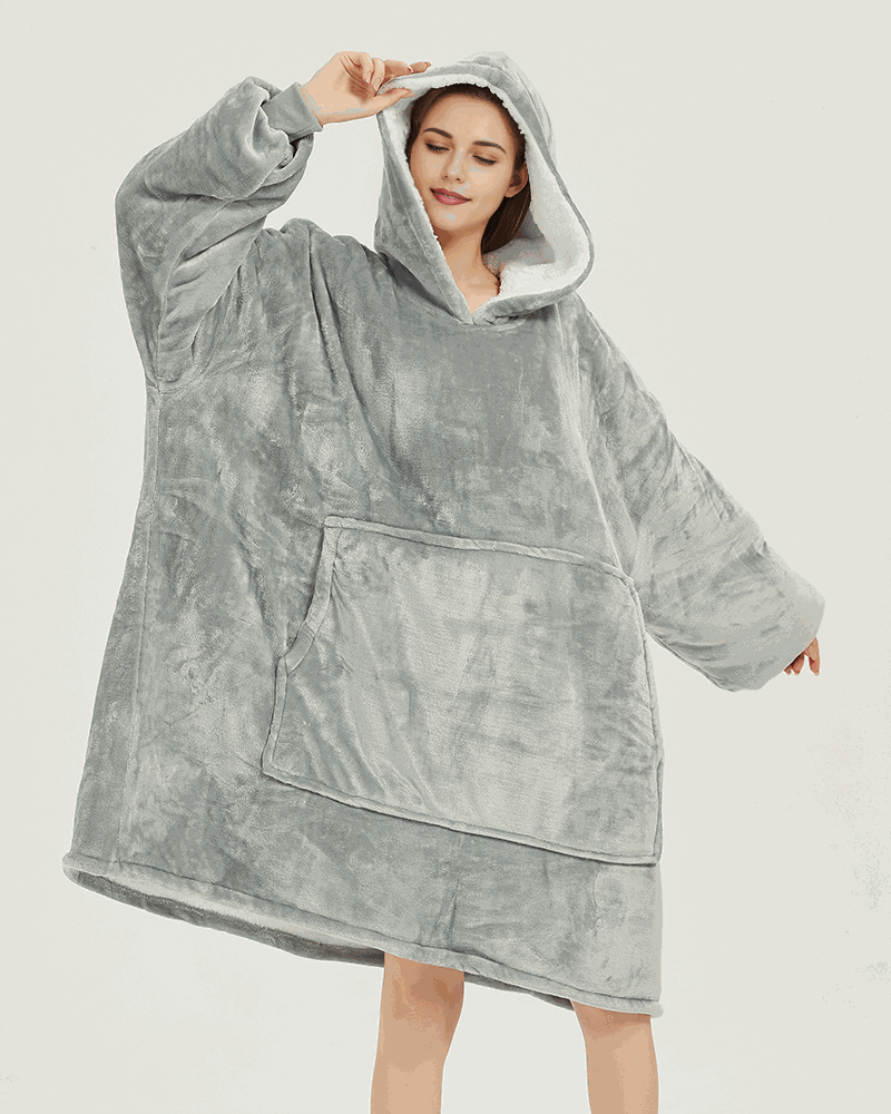 SNUGLFIT™ Hoodie Blanket in Light Grey, oversized wearable blanket with plush Sherpa fleece, eco-friendly design.