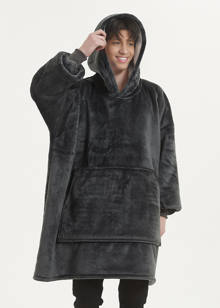 Smokey Grey SnuglFit™ hoodie blanket offering plush sherpa fleece comfort and oversized design.