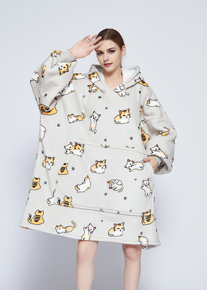 SNUGLFIT™ Hoodie Blanket - Kitten pattern, oversized wearable blanket, plush Sherpa fleece interior, with large pocket and roomy hood.