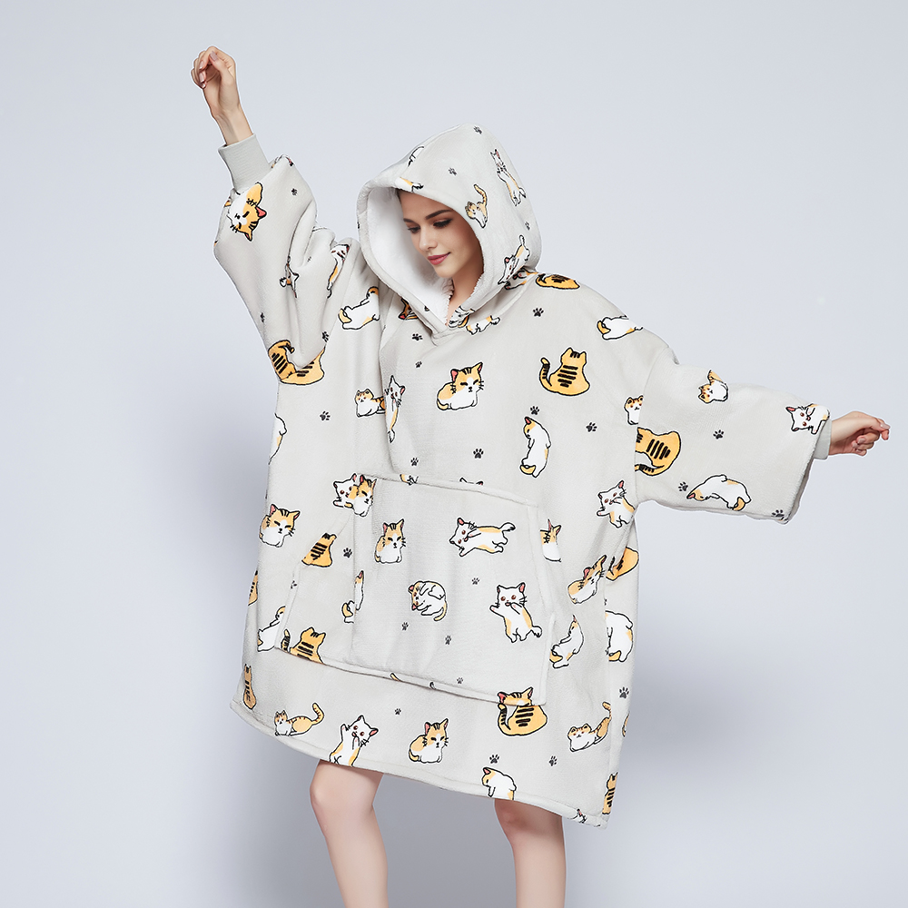 SNUGLFIT™ Hoodie Blanket - Kitten print, cozy oversized wearable blanket with hood and large pocket, plush Sherpa interior.