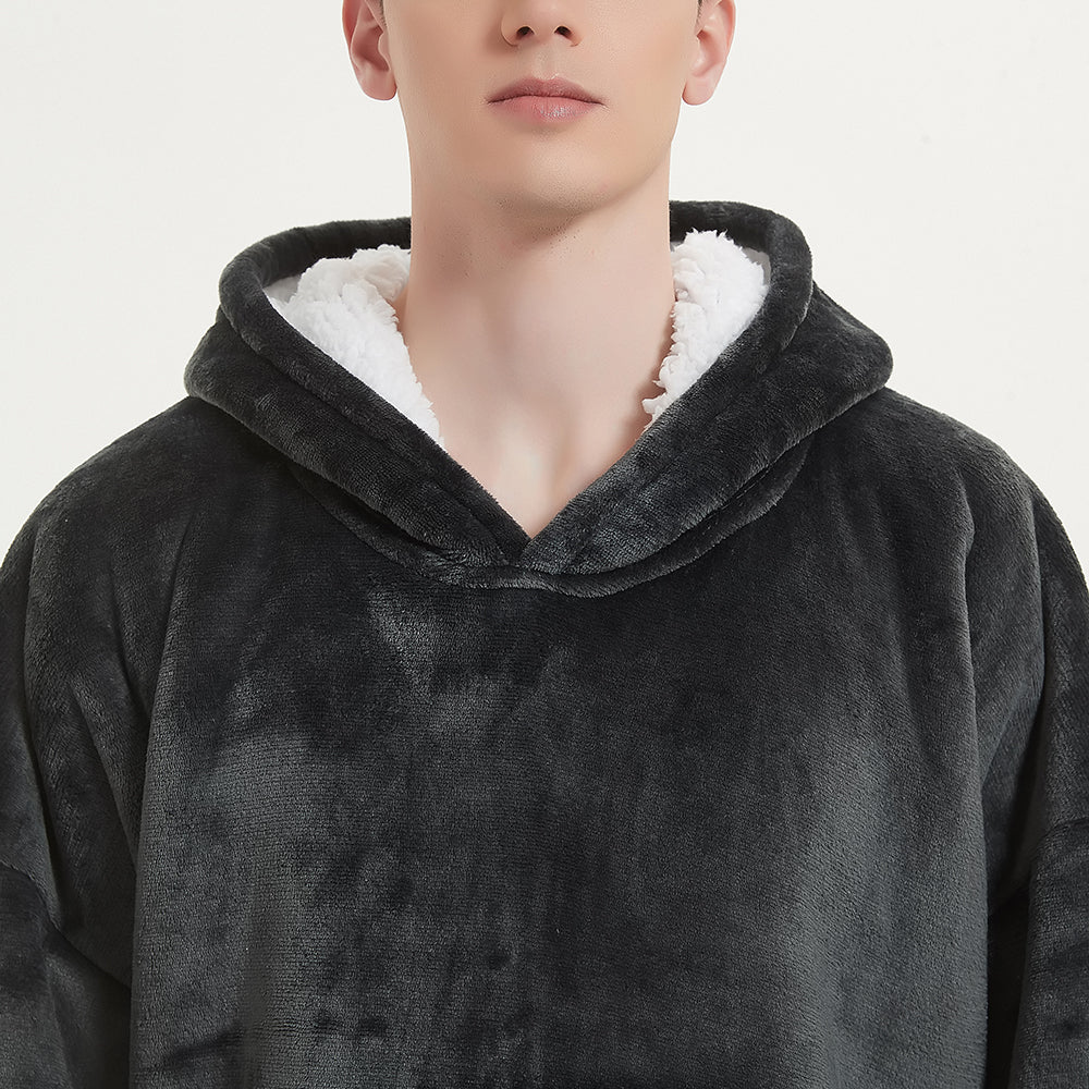 Smokey grey SnuglFit™ hoodie blanket with plush Sherpa fleece interior.