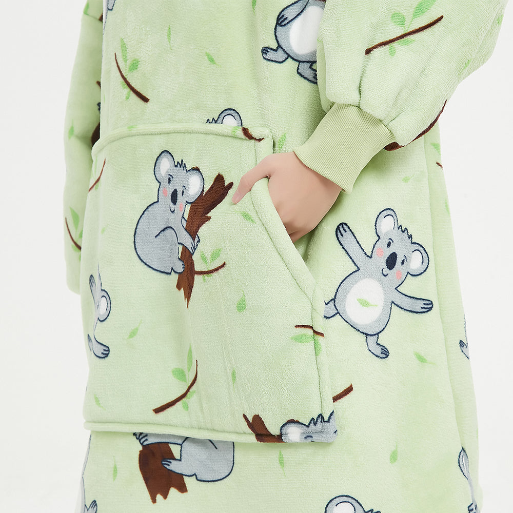 Koala print SnuglFit™ hoodie blanket with large pocket, soft Sherpa fleece interior.