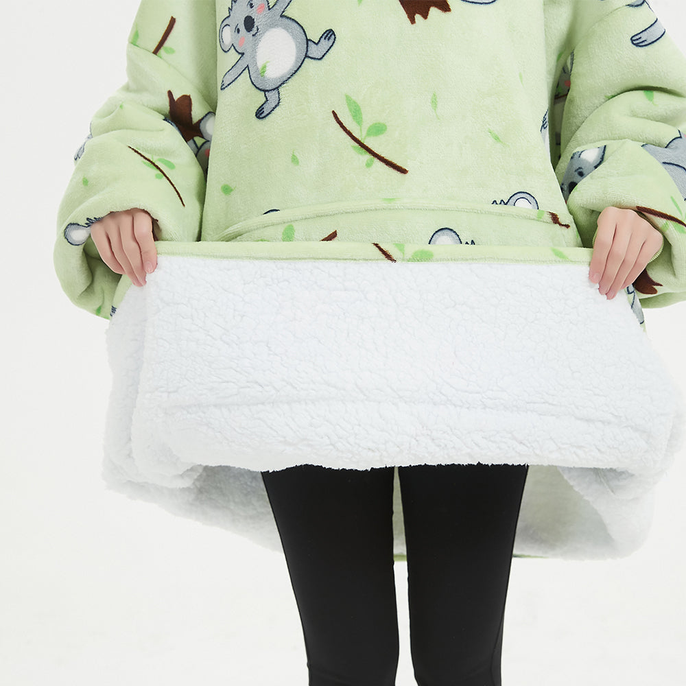 Koala-themed SnuglFit™ hoodie blanket with plush Sherpa fleece.