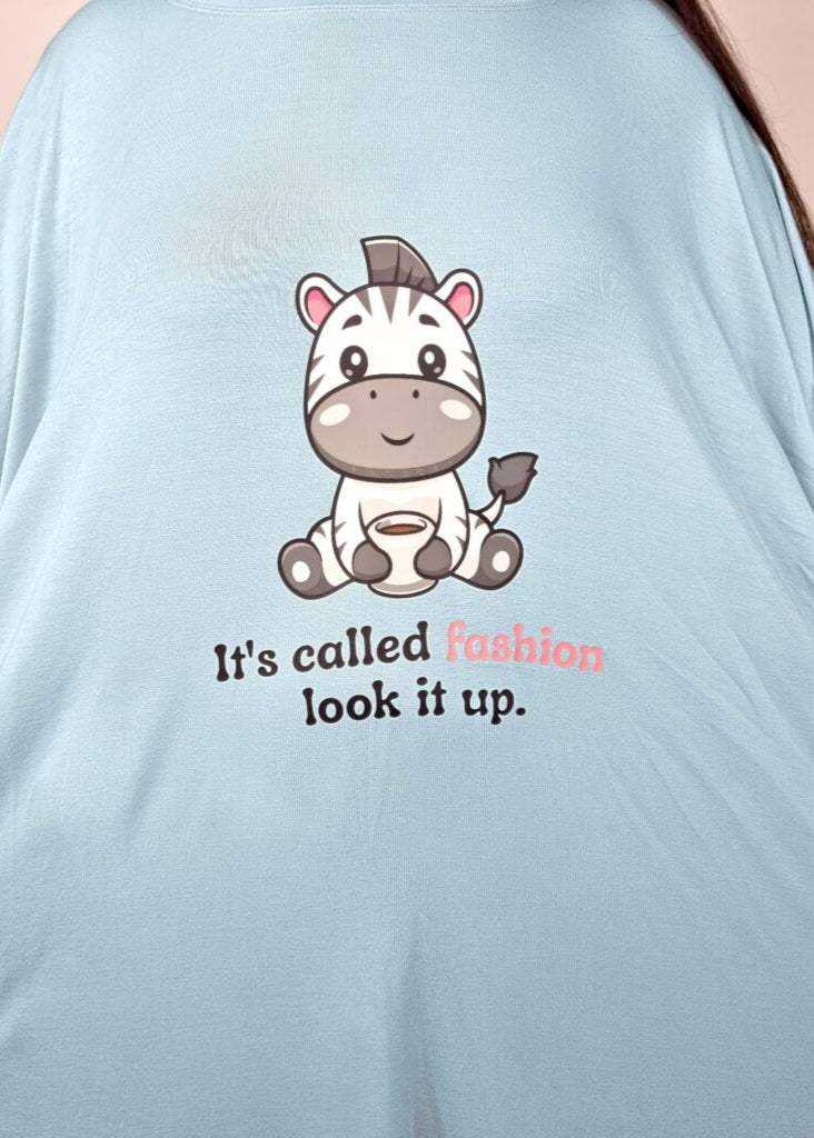 Snuglfit™ Oversized Zebra Sleep Tee with cute zebra design and fashion text.