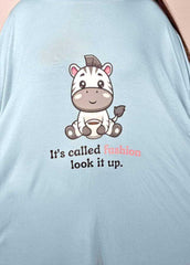 Snuglfit™ Oversized Zebra Sleep Tee with cute zebra design and fashion text.