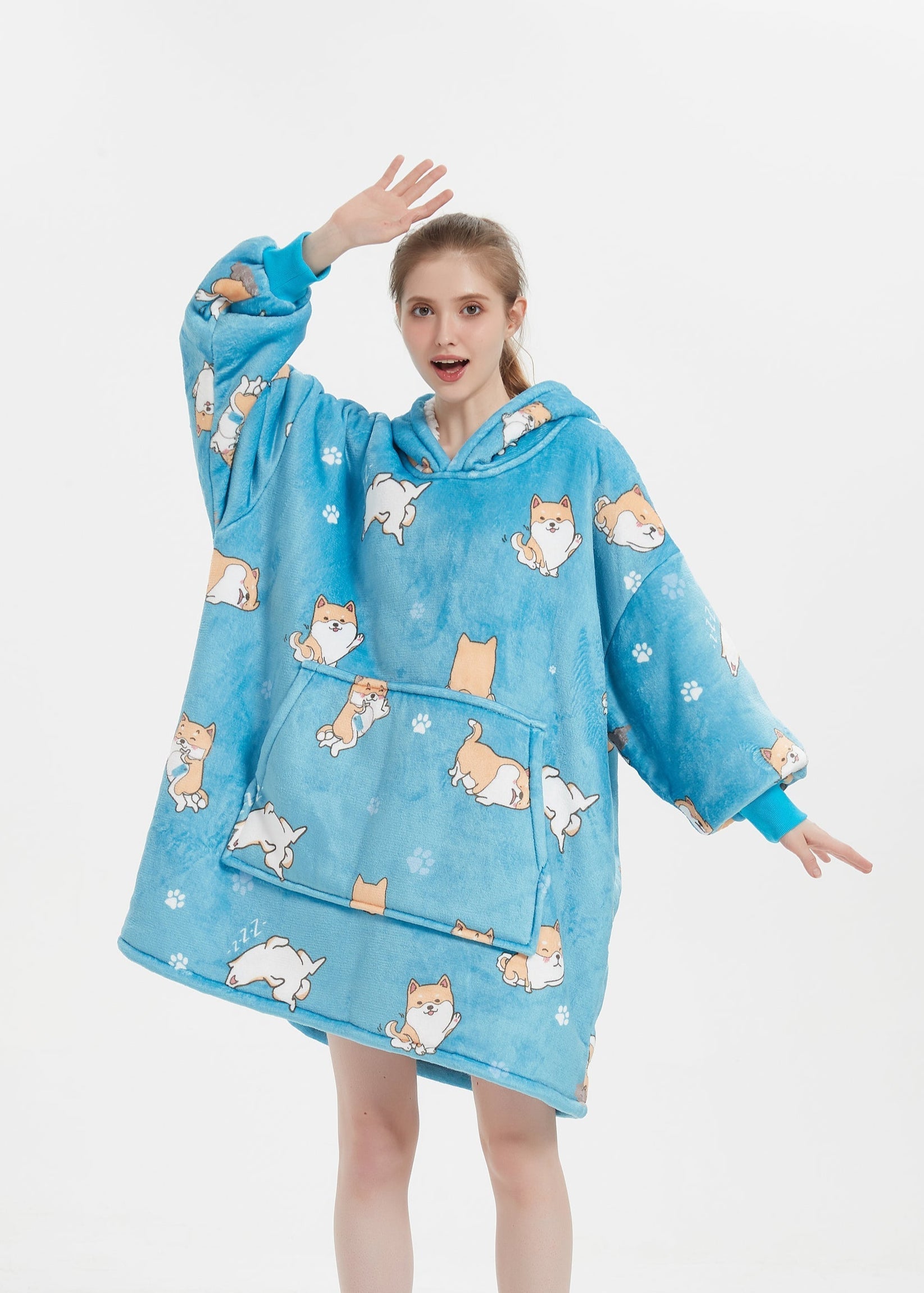 SNUGLFIT™ Hoodie Blanket in Shi Bu Inu Dogs design; oversized wearable blanket for comfort and warmth.