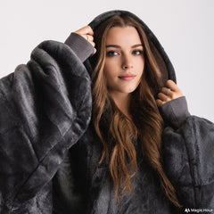Smokey grey SnuglFit™ hoodie blanket, plush Sherpa fleece, oversized cozy wearable blanket.