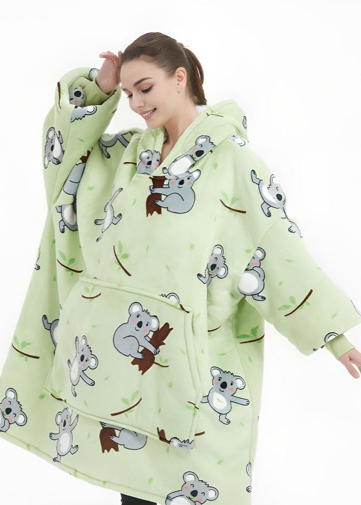 Cozy oversized hoodie blanket with koala design, featuring plush Sherpa fleece and flannel exterior for warmth and comfort.